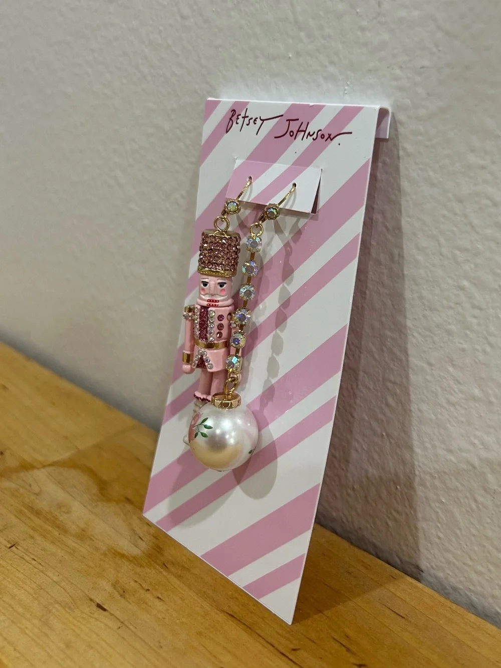 Betsey Johnson Pink Nutcracker Pearl Mismatched Christmas Earrings Bling